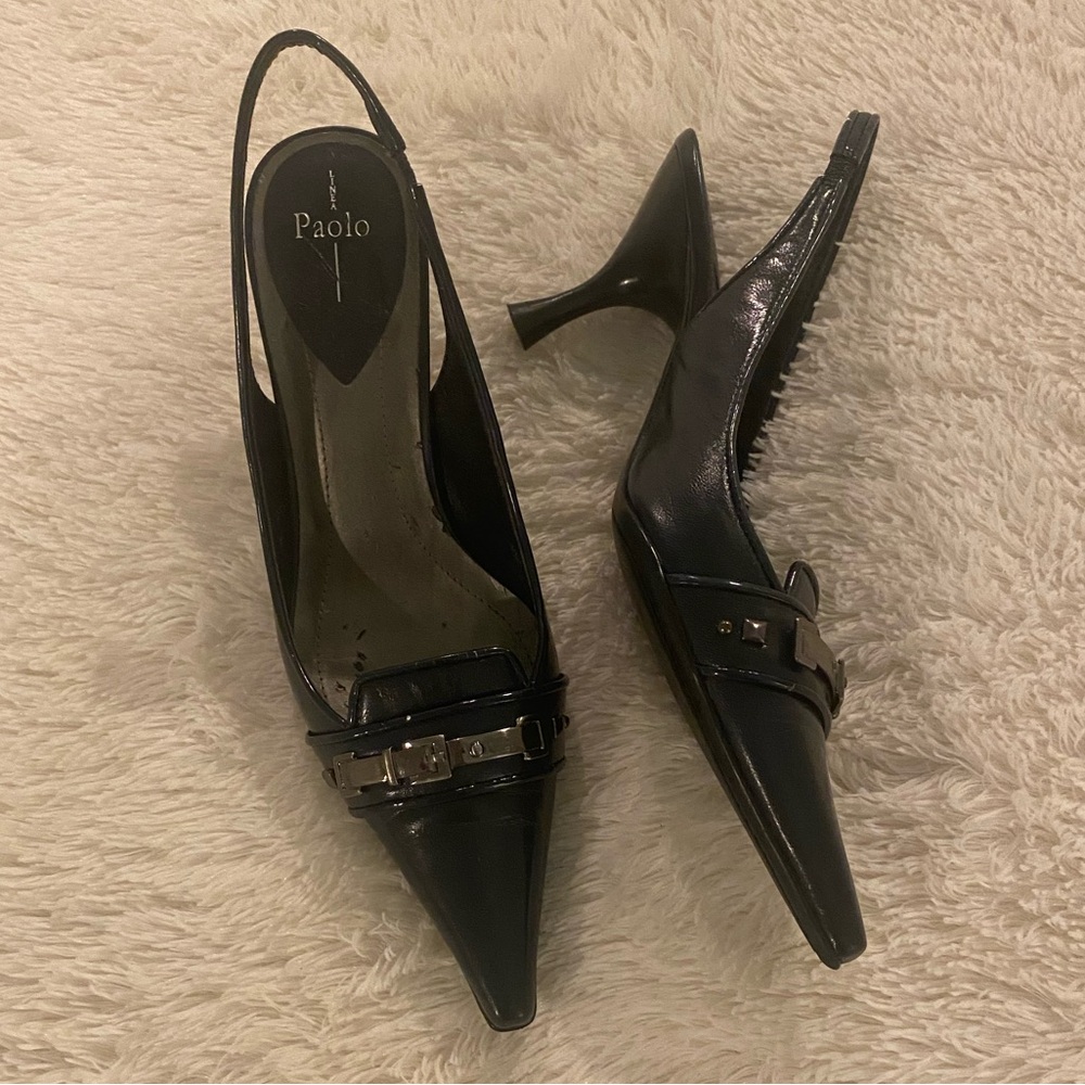LINEA PAOLO Black Patent Leather Slingback kitten heels w/ metal buckle detail.